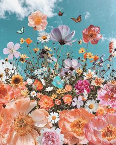 a bunch of flowers that are in the air with some butterflies flying over them on a sunny day