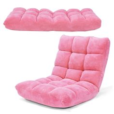 a pink futon chair and footstool are shown in two different positions, one is