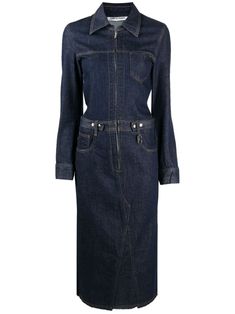 blue cotton denim belted waist front zip fastening front patch pocket classic collar long sleeves rear patch pocket slip pockets to the sides mid-length raw-cut hem Midi Dress Blue, Denim Midi Dress, Denim Belt, Blue Midi Dress, Classic Outfits, Dress Blue, Jean Outfits, Denim Fashion, Day Dresses