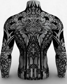 the back view of a man's body with intricate designs on his chest and arms