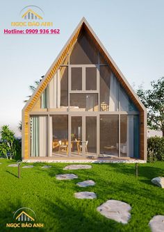 an image of a house that is in the middle of green grass with stepping stones