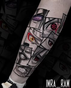 a man's arm with many different colored eyes and an evil face on it