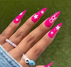 Barbie Pink Nails With Design, Dallas Nails, Neon Pink Nails, Makeup Illustration, Pink Nail Colors, Milky Pink, Long Stiletto