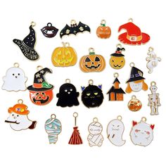 a collection of halloween charms with pumpkins, ghost, cats and witches on them