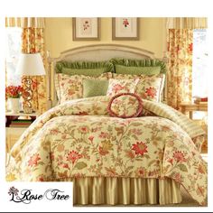 the comforter is made up with flowers and ruffles