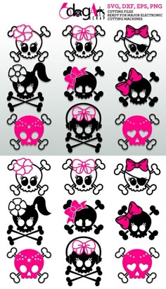 skull and crossbones with pink bows are shown in different sizes, shapes and colors