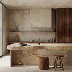 a kitchen with marble counter tops and wooden stools in front of the sink area