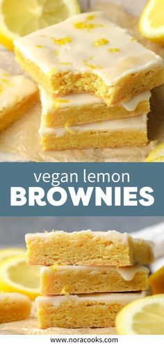 vegan lemon brownies stacked on top of each other with the words, vegan lemon brownies