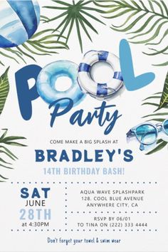 a pool party flyer with palm leaves and sunglasses on the front, in blue tones