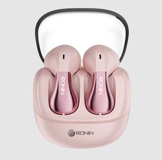 two pink earbuds sitting in an open case on a gray background with the words ronn printed on it