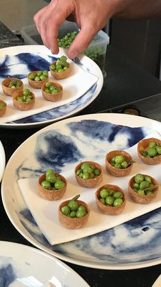 several plates with small food items on them