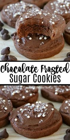 chocolate frosted sugar cookies with white sprinkles on top and in the middle