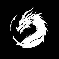 a white dragon on a black background in the shape of a circle, with its tail curled