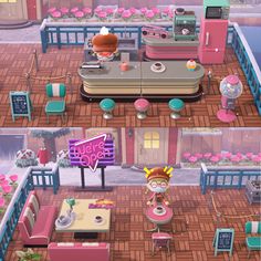 two pictures of the same room in animal crossing, one is pink and the other is blue