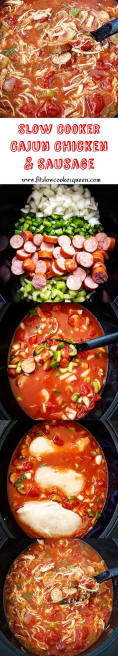 several different types of food cooking in pans on top of each other with words above them