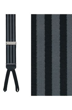 Fine silk and smooth leather elevate handsome suspenders patterned in smart vertical stripes. 1 1/2" width; 33"–54" adjustable length 100% silk with leather trim Dry clean Made in the USA of imported materials Elegant Formal Belts And Suspenders With Adjustable Straps, Elegant Business Belts And Suspenders With Adjustable Strap, Formal Black Belts With Adjustable Strap, Elegant Black Belts And Suspenders With Adjustable Straps, Classic Black Belts And Suspenders For Black Tie, Elegant Belts And Suspenders With Adjustable Straps For Business, Elegant Adjustable Straps Belts And Suspenders For Business, Stripe Silk, Vertical Stripes