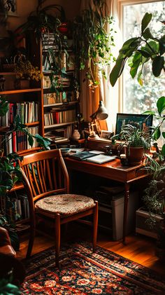 a desk with a chair, potted plants and bookshelf in the background