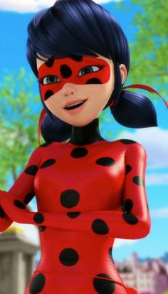 an animated ladybug with black dots on her face