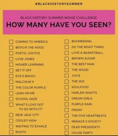 the black history movie challenge is shown with pink and yellow check boxes on top of it