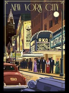 an image of new york city at night with people walking on the sidewalk and cars parked in front