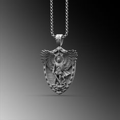 This expertly crafted 925k Sterling Silver Mens Angel Necklace. Buy for yourself or give it as a gift for that special someone in your life! Saint Michael The Archangel Pendant St Michael Necklace For Man Archangel Pendant Christian Necklace For Religious Man Christian Gift Him ★Item Details ◆ Material : 925K Sterling Silver ◆ Pendant Height : 1.37 inch x 3.5 cm ◆ Bail Height : 0.39 inch x 1 cm ◆ Bail With : Suitable for up to  0.118 inch x 3.00 mm Chain ◆ Rolo Chain Thickness : 0.059 inch x 1.5 Sterling Silver Necklaces For Commemoration With Polished Finish, Sterling Silver Necklaces With Polished Finish For Commemoration, Sterling Silver Necklace With Polished Finish For Commemoration, Luxury Sterling Silver Jewelry For Commemoration, Luxury Silver Memorial Jewelry, Luxury Silver Jewelry For Memorial, St Michael Necklace, Saint Michael The Archangel, 3d Pendant