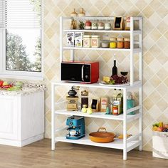 a white shelf filled with lots of food