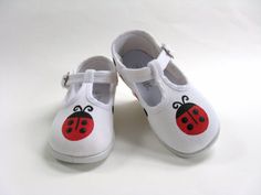 Girls Ladybug Shoes, Baby and Toddler, Hand Painted, T Strap, Cotton Canvas Cute White Canvas Shoes With Rubber Sole, White Canvas Shoes With Rubber Sole, Ladybird Outfits, Pink Shoelaces, Ladybug Outfits, Ladybug Birthday Party, Ladybug Birthday, Baby Painting, Diy Toddler