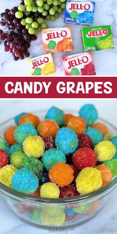 candy grapes in a glass bowl with the words jello on top and below it