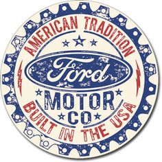 an american traditional ford motor co sticker on a white background with blue and red lettering