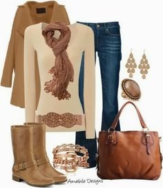 Brown long jacket, scarf, jeans, long boots and brown hand bag for fall Brown Long Boots Outfit, Brown Long Boots, Long Boots Outfit, Comfy Clothes, Blouse Jeans, Chic Outfit, Jeans Rock, Long Boots