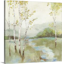 a painting of trees and water with mountains in the background