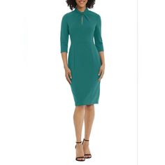 Donna Morgan 3/4 Sleeve Twisted Neck Sheath Dress Add A Bit Of Modesty And Style To Your Wardrobe In This Knee-Length Dress That Features A Straight Silhouette Skirt, Dart Detail, And A Twisted Detail Neckline. Additional Details: - Unlined - Hidden Back Zipper - Care: Machine Wash Available Colors: Shaded Spruce Fabric: Scuba Crepe (96% Polyester, 4% Spandex) Final Sale Elegant Green Dress With 3/4 Sleeves, Formal Green Dress With 3/4 Sleeves, Fitted Office Dress With 3/4 Length, Chic Green Dresses With 3/4 Sleeves, Chic Green Dress With 3/4 Sleeves, Formal Stretch Midi Dress With 3/4 Sleeve, Fitted Green Dress With 3/4 Length, Green Fitted Dress With 3/4 Sleeves, Chic Stretch Dress With Half Sleeves