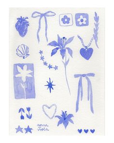 blue and white watercolor drawing of various items on the page, including hearts, stars, flowers, leaves, and other things