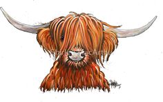 an animal with long hair and horns on it's head is shown in this watercolor