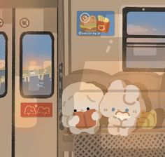 an animated image of two stuffed animals on a train