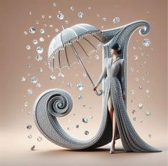 a woman holding an umbrella standing in front of a swirly wave with diamonds on it