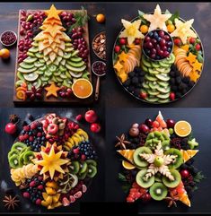 four plates with fruit arranged in the shape of a christmas tree and star shaped trees