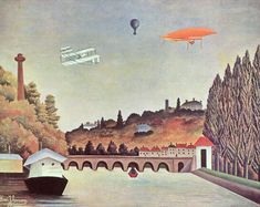 an airplane flying over a river next to a bridge and trees in the background with a boat on it