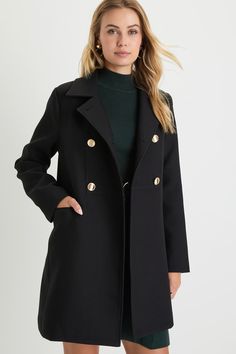 You'll be more than ready for chilly morning walks to the cafÃ© when you have the Lulus Classic Forecast Black Twill Double-Breasted Coat! Woven twill shapes this essential fall coat that features a classic notched collar, long sleeves, and a peacoat silhouette. The double-breasted bodice boasts shiny, functional gold buttons and two front pockets. A belted detail at back with matching buttons completes the charming look. Fit: This garment fits true to size. Length: Mid-thigh. Size medium measur Chilly Morning, Casual Formal Dresses, Classy Winter Outfits, Morning Walks, Cute Coats, Lulu Fashion, Belted Jacket, Collared Coat, Fall Coat