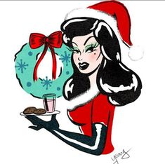 a drawing of a woman holding a plate with cookies on it and a christmas wreath in the background