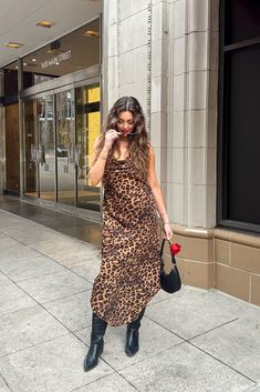 Leopard Print Boots Outfit, Print Boots Outfit, Leopard Dress Outfit, Thrift Fits, Dress From Amazon, Slip Dress Outfit, Dresses With Cowboy Boots, Leopard Style, Cocktail Outfit