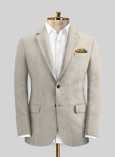 If your goal is to grab an ironically unique suit then our Solbiati Light Brown Seersucker suit is all set to fulfill your goal. Crafted from 100% cotton, brown is the most classic stripe color that has the unique potential to make one look grandeur and modern. 
 
Seersucker's name comes from the persian word: "SHUR E SHAKAR" which means sugar and milk, signifying the alternation of smooth and rough. The fabric is purely summer and due to its curled characteristic feature, it does not rest entir Tailored Striped Linen Blazer, Pinstripe Linen Blazer With Notch Lapel, Classic Striped Cotton Blazer, Classic Striped Linen Blazer, Formal Brown Cotton Blazer, Formal Striped Cotton Blazer, Striped Cotton Blazer For Formal Occasions, Seersucker Jacket, Seersucker Suit