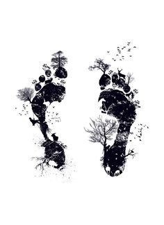 two footprints with trees and birds on them