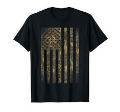 an american flag t - shirt with gold stars on the front and bottom, in black