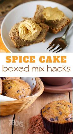 a collage of pictures showing different types of cakes and muffins with the words spice cake boxed mix hacks