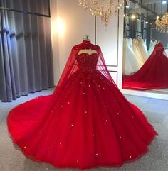 Wedding Dress With Cape, Tulle Ball Gown Wedding Dress, Crystal Wedding Dresses, Wedding Dress Black, Dress With Cape, Red Quinceanera Dresses, Cape Wedding Dress