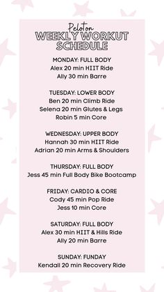 a pink and white poster with the words weekly workout schedule on it's side