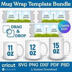 mug wrap template bundle for photoshopping and other graphic projects, including two large coffee mug