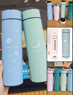 several different pictures of the same blue and pink travel mugs, one with an outer space design on it