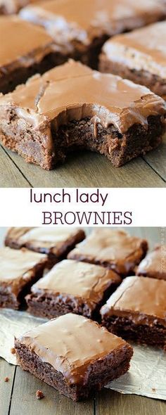 chocolate brownies with peanut butter frosting on top and the words, lunch lady brownies